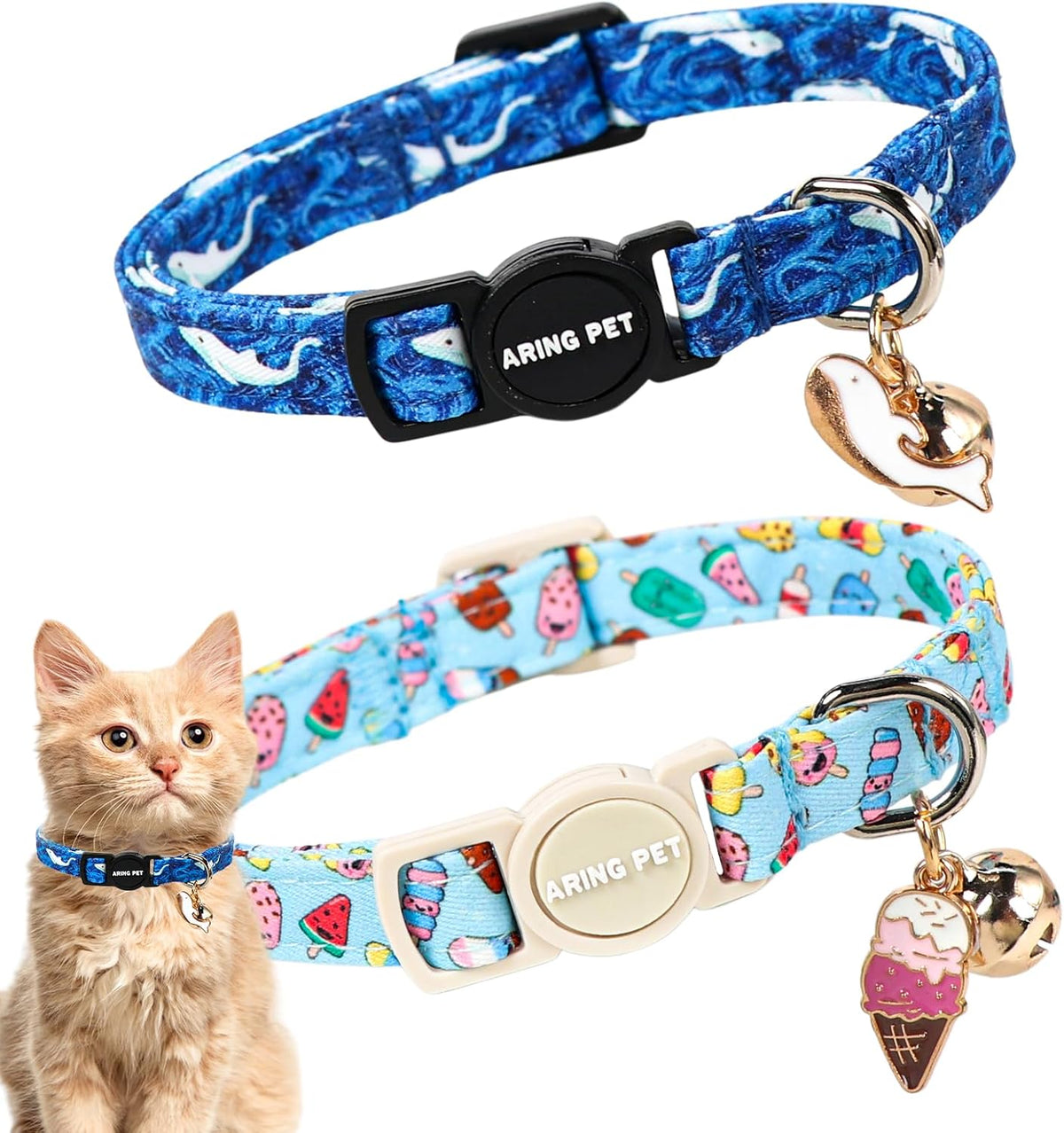 ARING PET 2 Pack Cat Collar-Cute Cotton Cat Collar Breakaway - Summer Ice Pop & Whale