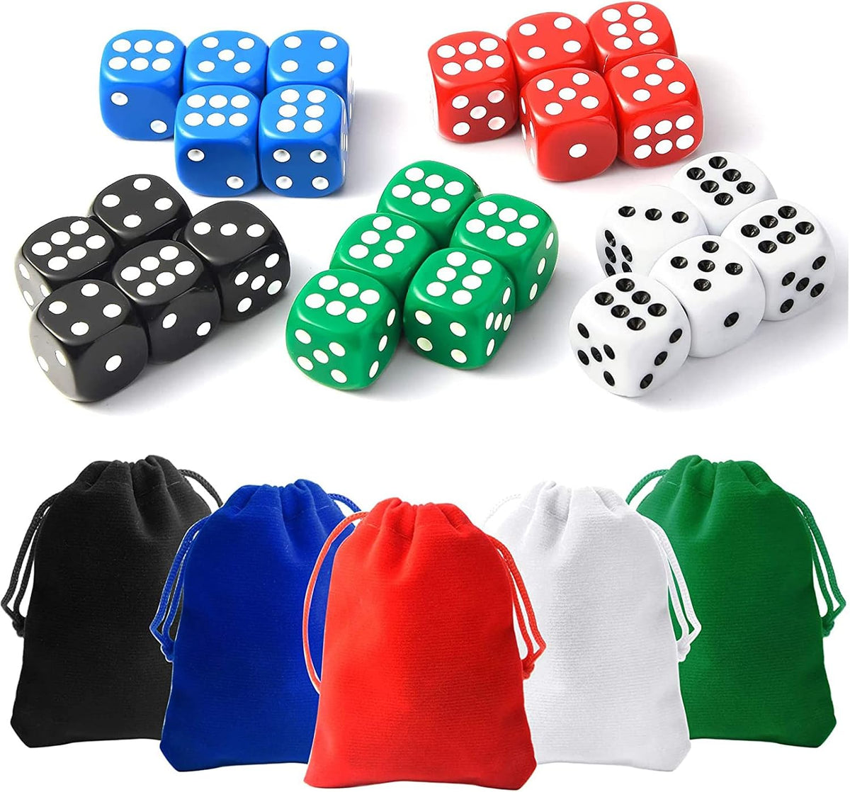 TOSAIHOEA 25 piece six sided spot dice set in blue, green, red, white and black with velvet bags