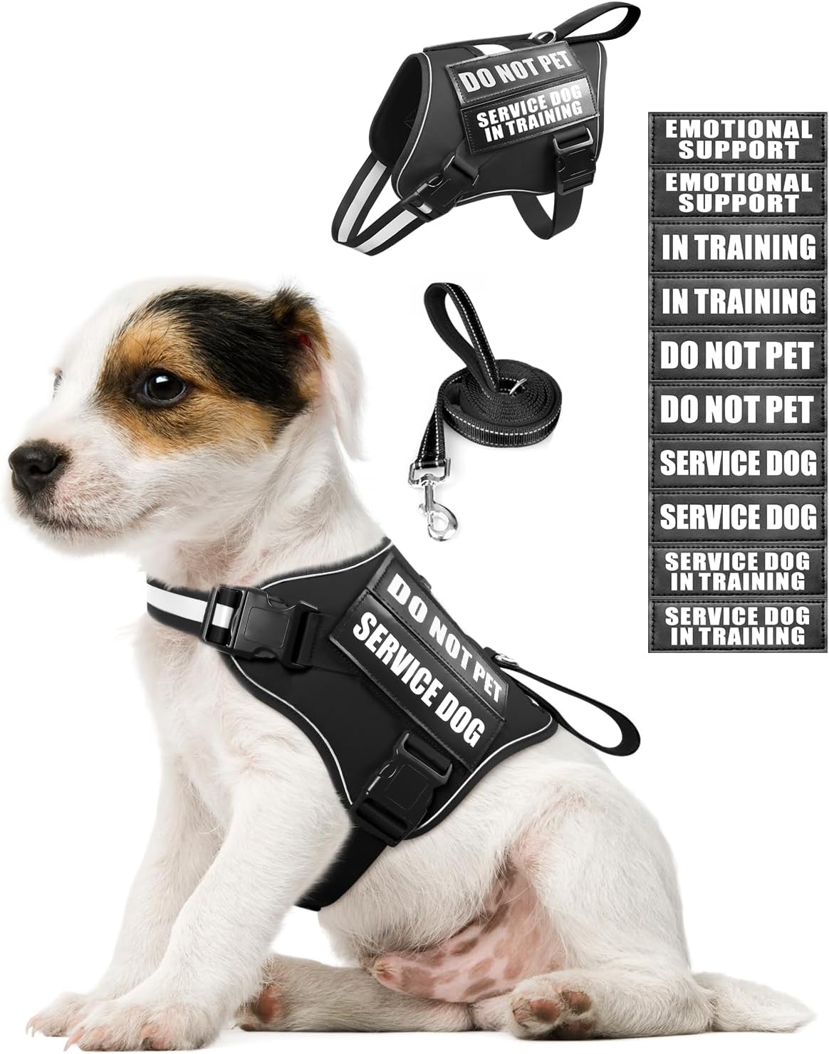 Service Dog Vest Harness and Leash Set+10 Patches - Extra-Small / Black