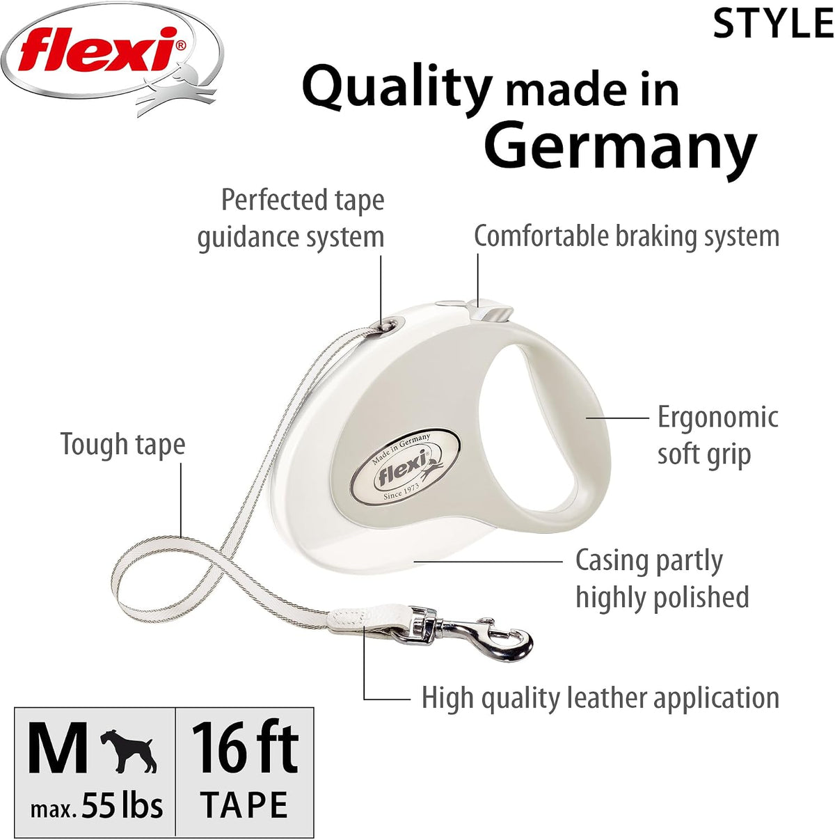 FLEXI Giant Tape Retractable Dog Leash - White/Grey / 16 ft (Medium) - image 2