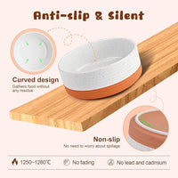 SPUNKYJUNKY Ceramic Elevated Dog Bowl Set with Acacia Wood Stand for Food and Water for Medium Dog (42.27 OZ, White and Reddish Brown)