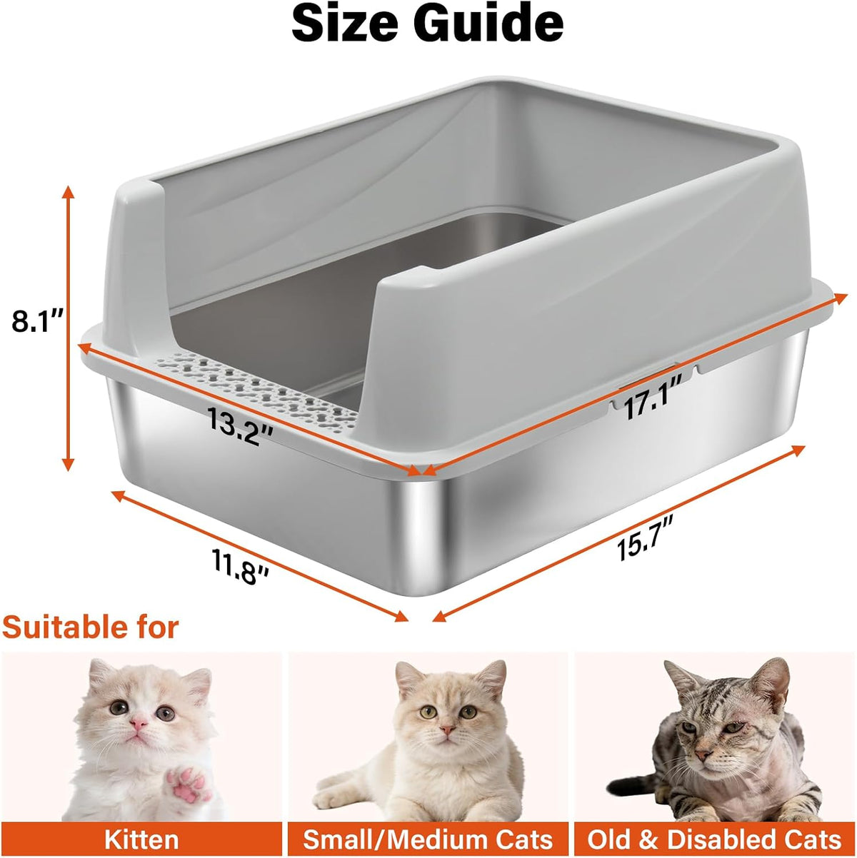 Stainless Steel Litter Box, Metal Cat Litter Box for Kitten - S:17.5x13.6x8inch with Lid - image 2
