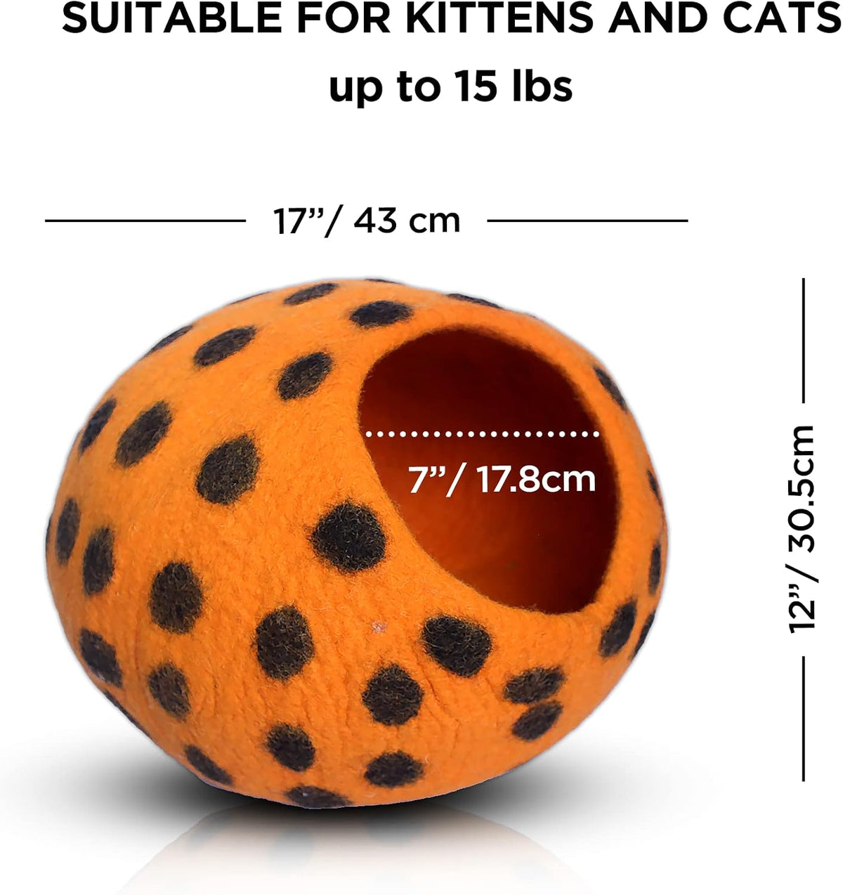 Woolygon Felt Cat Cave Bed, Merino Wool, Handcrafted – Essentials for Cats - Orange Polka - image 3
