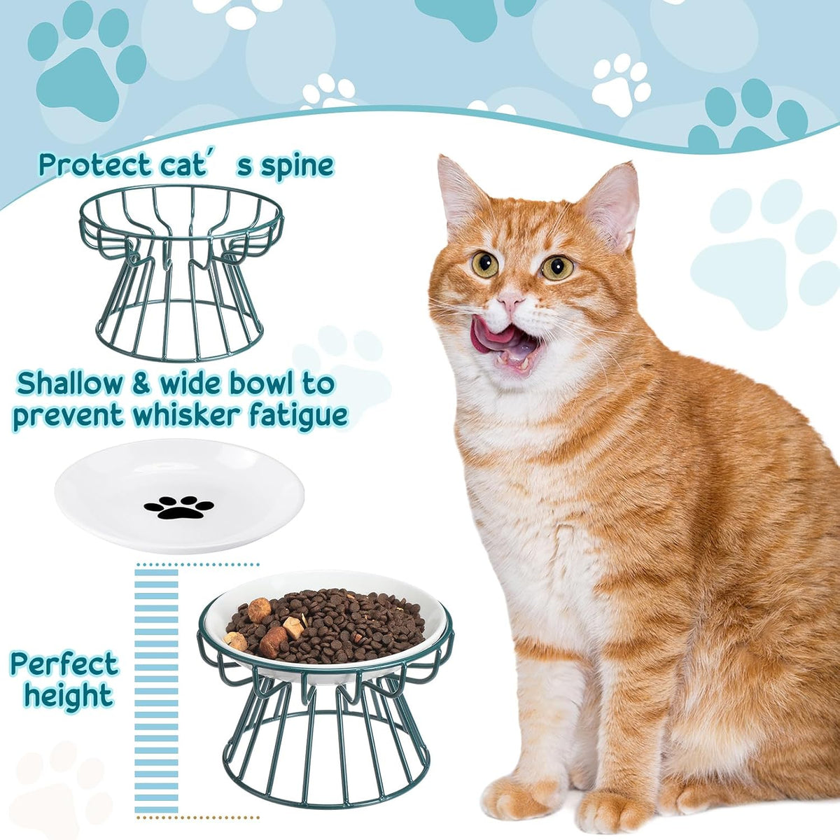 4 Sets Elevated Cat Bowls Ceramic Raised Cat Food Bowls with Metal - Black, Green / Fishbone, Paw - image 4