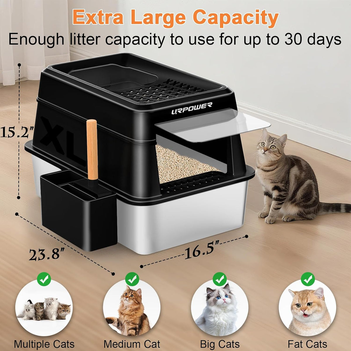 URPOWER Extra Large Stainless Steel Litter Box with Lid for Large Cats – Daily Care for Cats - Black - image 3