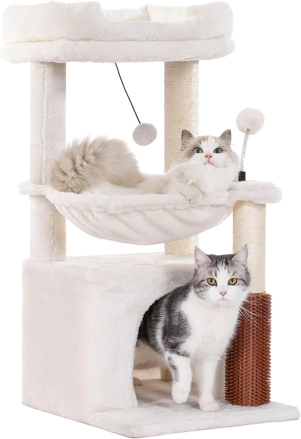 Cat Tree 32” Small Cat Tower with Large Hammock 16”& Self Groomer – Essentials for Cats - Medium-32" / Beige