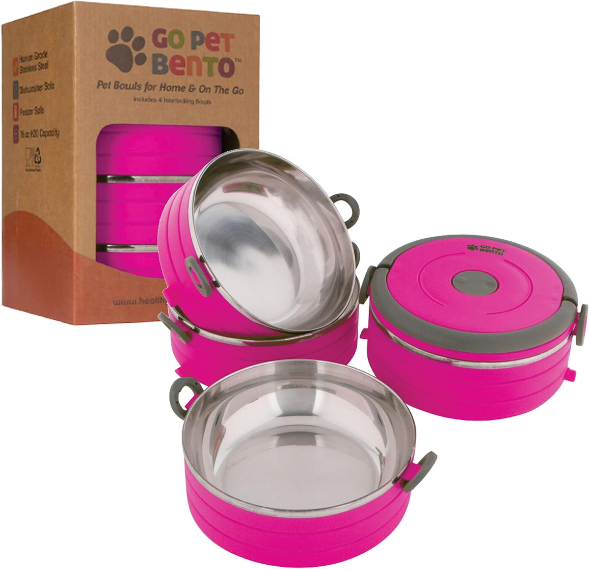 Healthy Human Travel Pet Bento Bowls - 4-Bowl Set / Pink