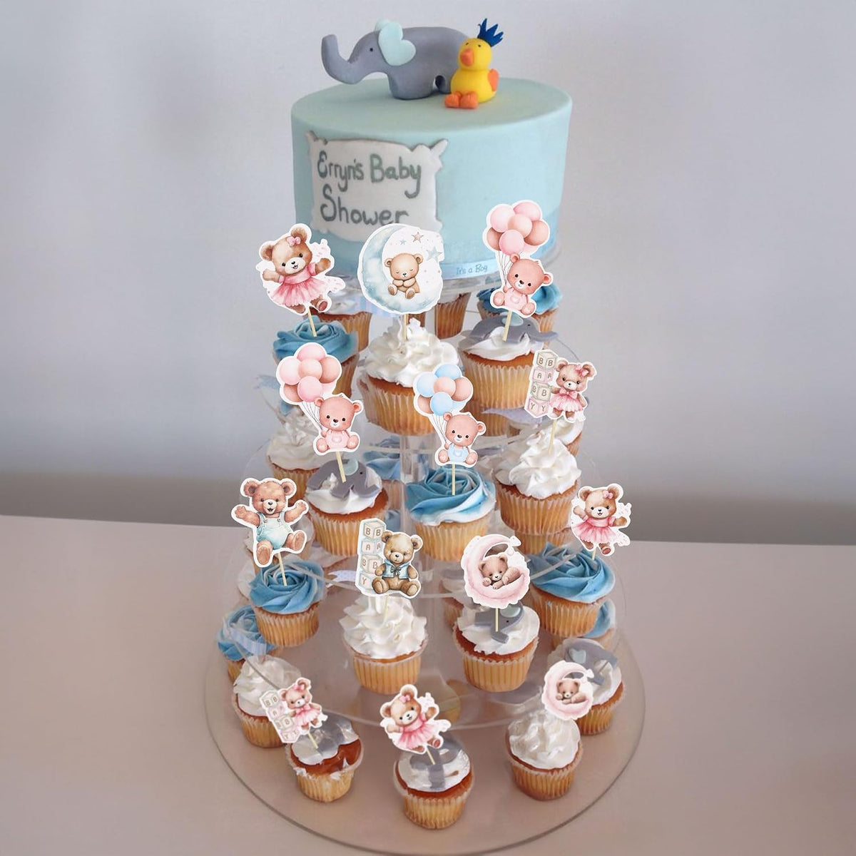 Gyufise 36Pcs Baby Shower Bear Cupcake Toppers Moon Baby Bear Baby - Blue Pink - image 4