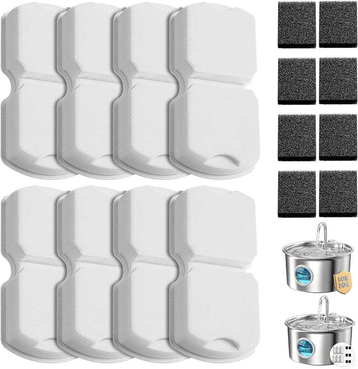 Cat Water Fountain Filter: 12 Cat Fountain Filter Replacement – Essentials for Cats - 8 Filters +8 Sponges