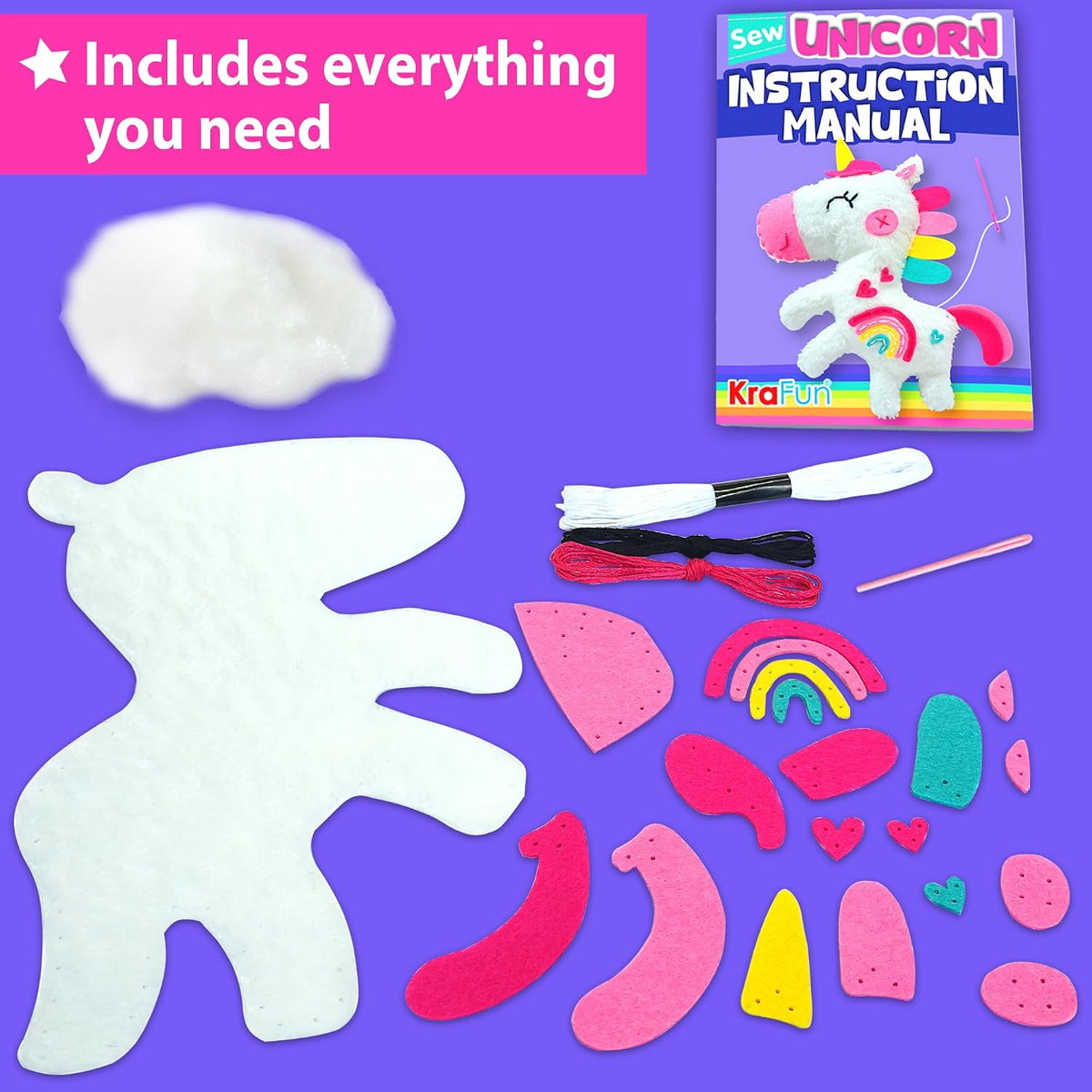 KRAFUN Beginner Sewing Kit, Sew Kitten & Mouse, Pre-Cut Felt - Unicorn - image 3