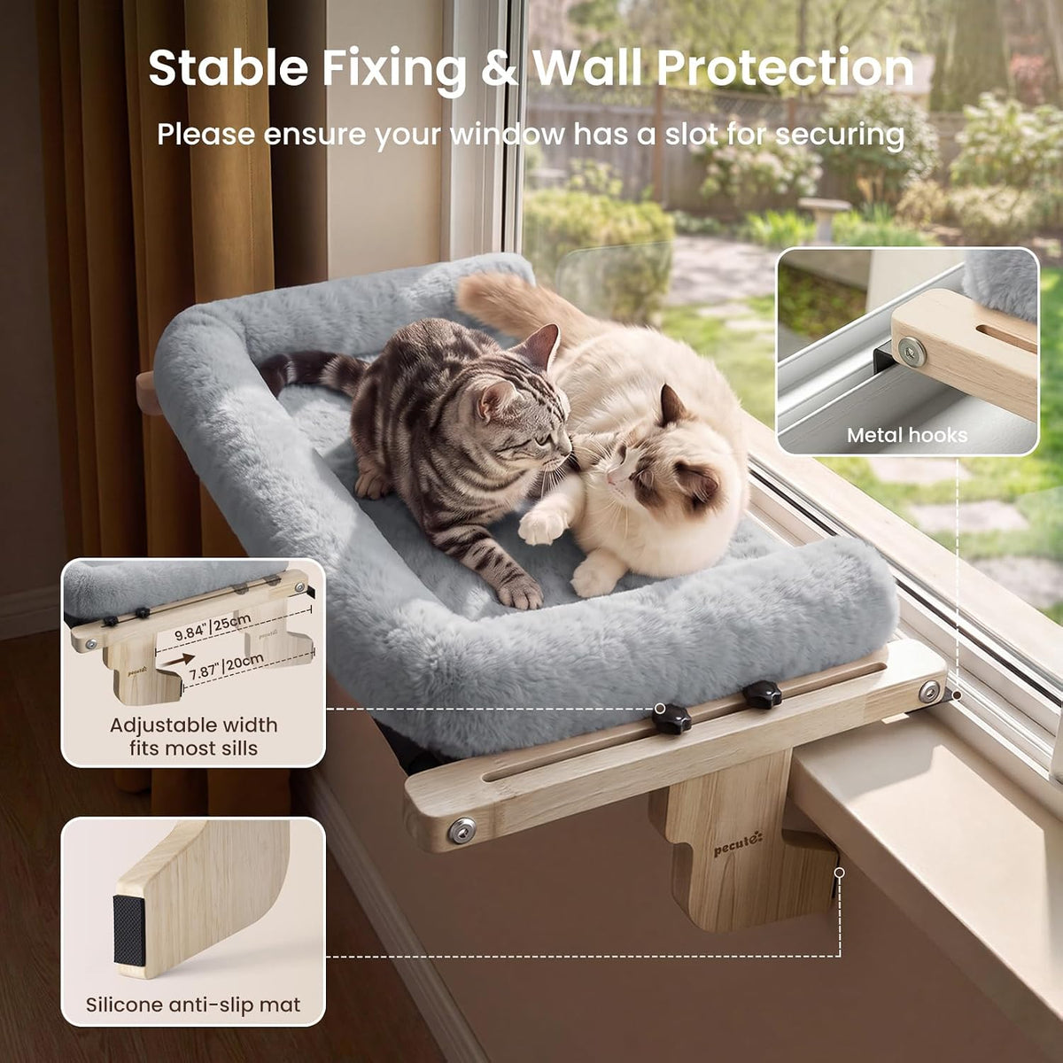 Pecute Cat Windowsill Perch, Cloud-Soft Cat Bed with Wood Frame - Grey / 24.8" x 14.9" - image 4