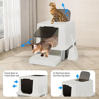 RIZZARI Stainless Steel Cat Litter Box, Enclosed Top-Entry Design, Large Capacity High-Sided Leak Proof Litter Pan for Cats, Easy Clean Pet Toilet (Beige, with Cat Litter)