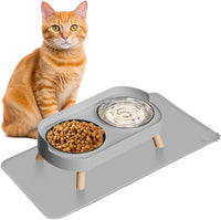 Elevated Cat Bowl, Raised Cat Food and Water Bowl Set for Indoor Cats, Splash Proof with 2 - Cat Bowls with mat - grey