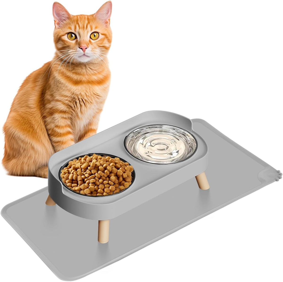 Elevated Cat Bowl, Raised Cat Food and Water Bowl Set for Indoor Cats, Splash Proof with 2 - Cat Bowls with mat - grey
