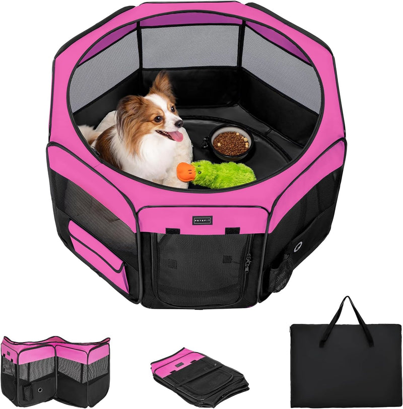 PETSFIT Portable Dog Playpen 36", Removable Waterproof Mat - Pink / Small (29.5"x29.5"x16.5")
