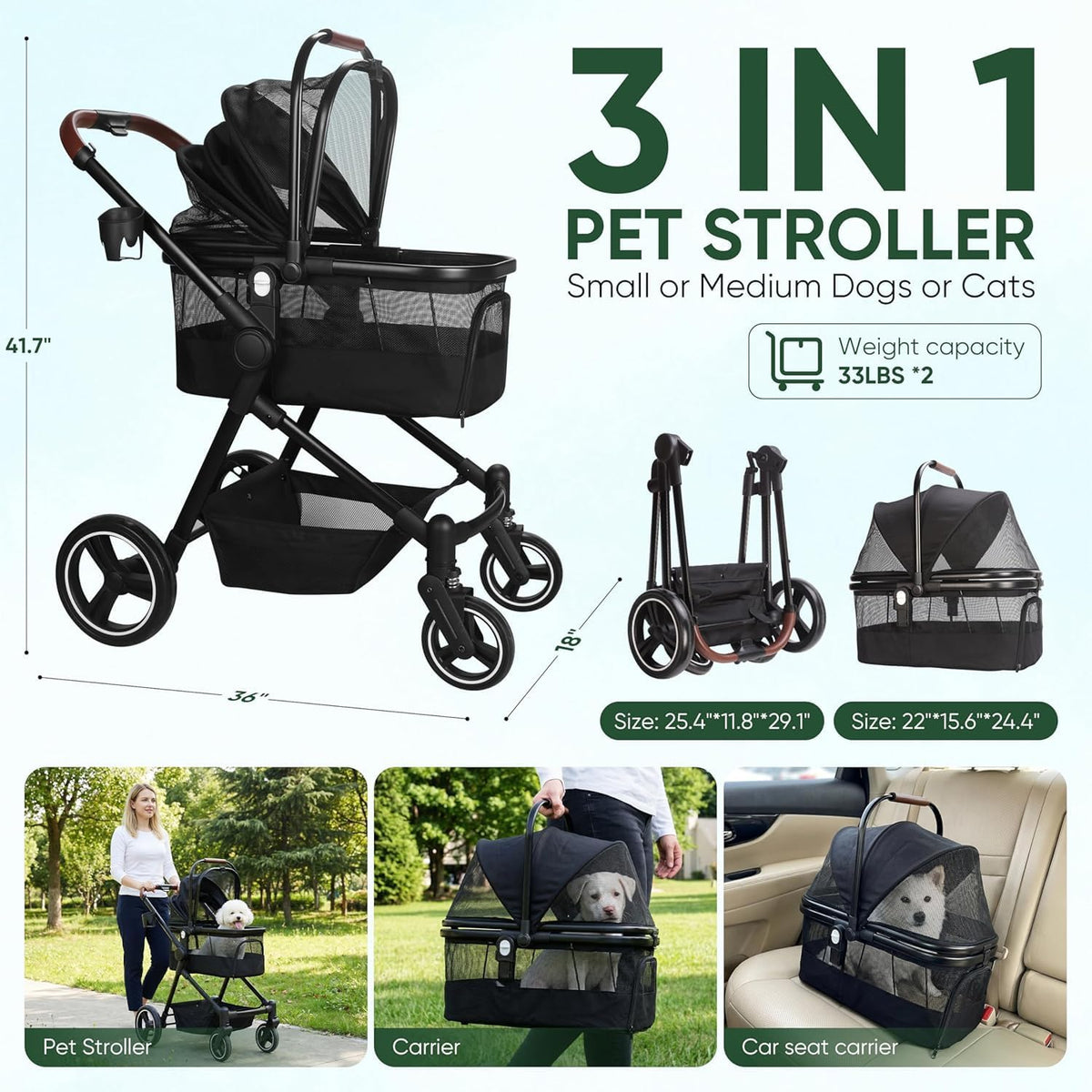 Foldable Double Pet Stroller for 2 Small Medium Cats Dogs – Essentials for Cats - Black / Single - image 3