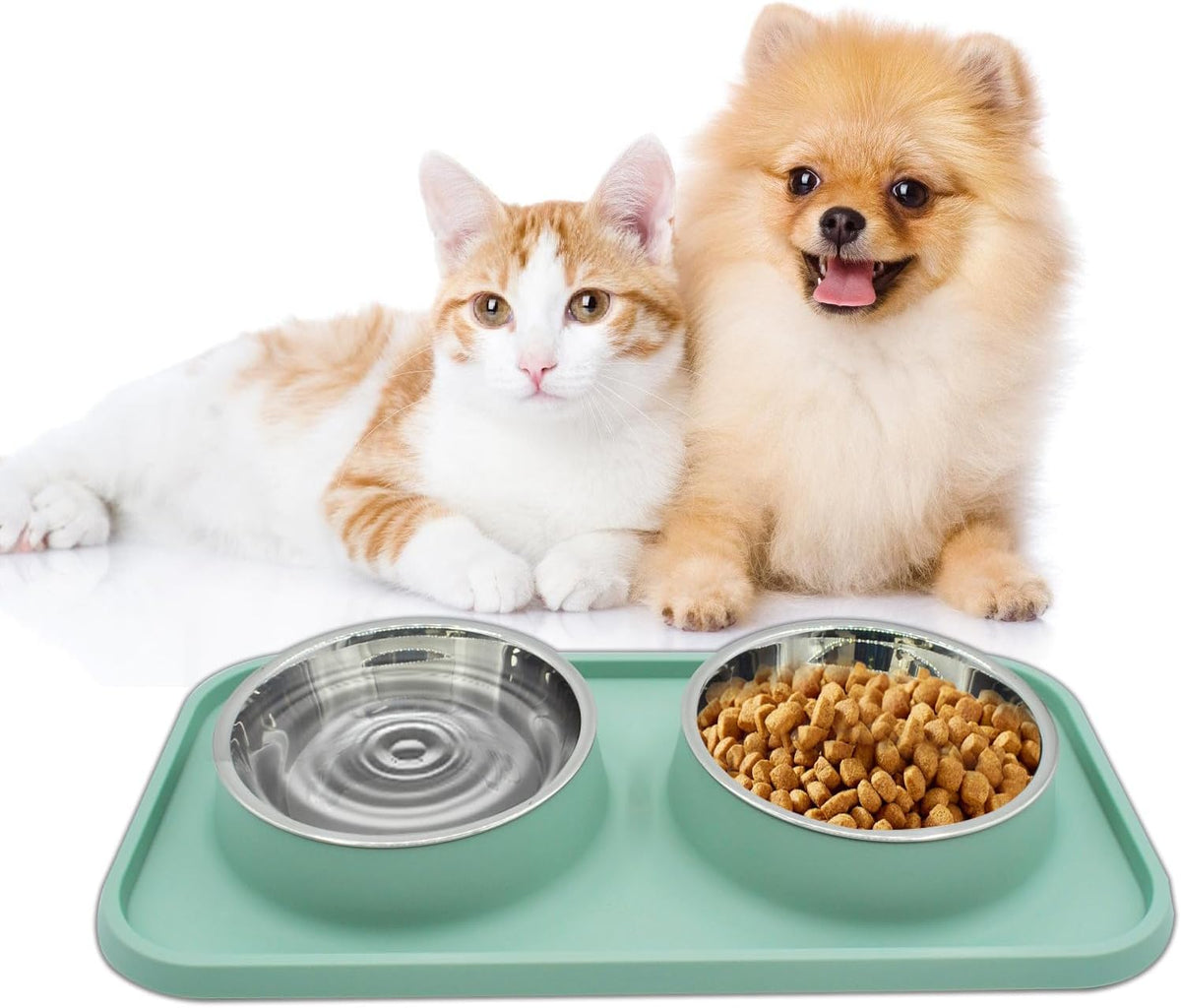 Double Dog Food Bowls Stainless Steel with No Spill Non Skid Silicone - 【Blue】