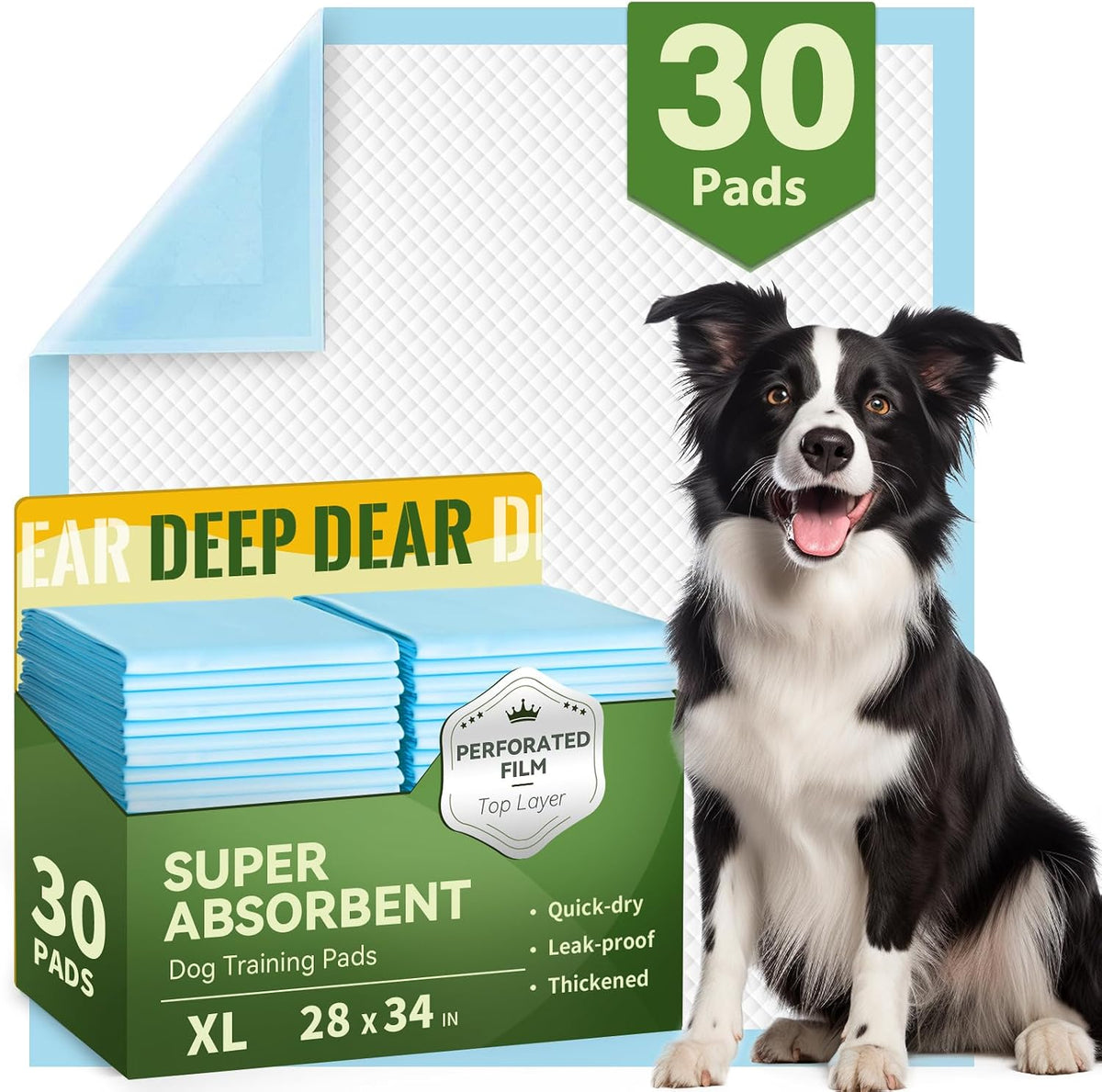 DEEP DEAR Puppy Pads for Dogs, Large 30x28 in - XLarge: 28"x34" - 30 Count