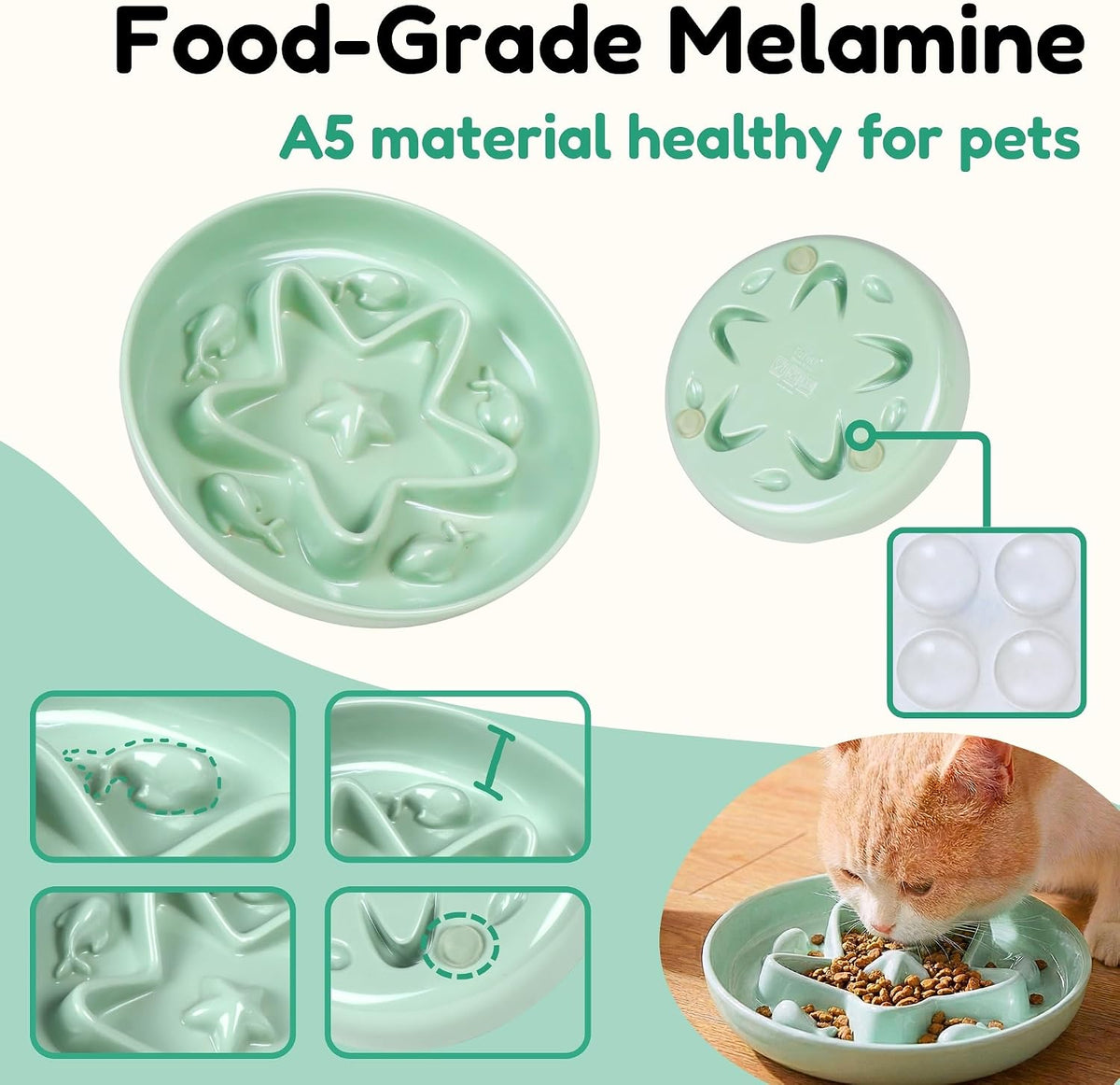 2 Pcs Cat Slow Feeder Bowl - Shell White + Seafoam Green + Buttercream / 6.2'' - image 4