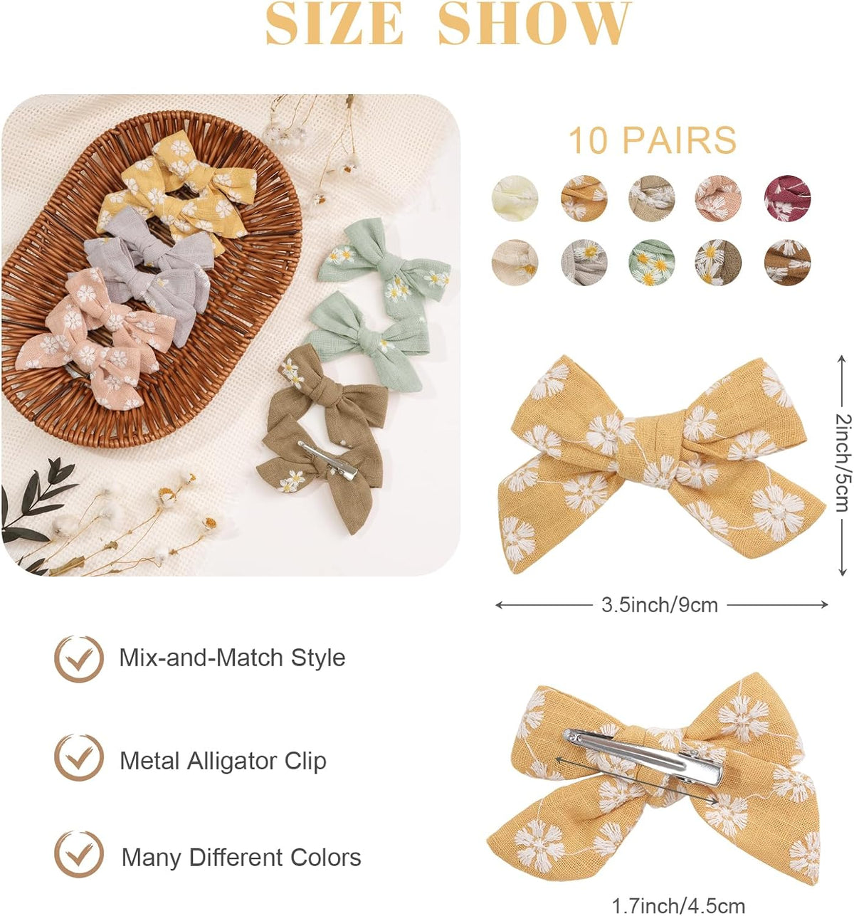 CÉLLOT Girls Hair Bows Linen Fabric 3.5" Bows Alligator Clips - image 2