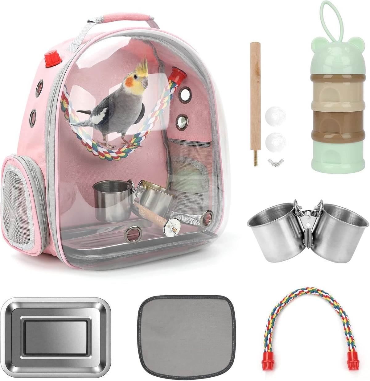 Bird Backpack Carrier, Bird Travel Cage for Parrots with Tray – Essentials for Birds - Pink