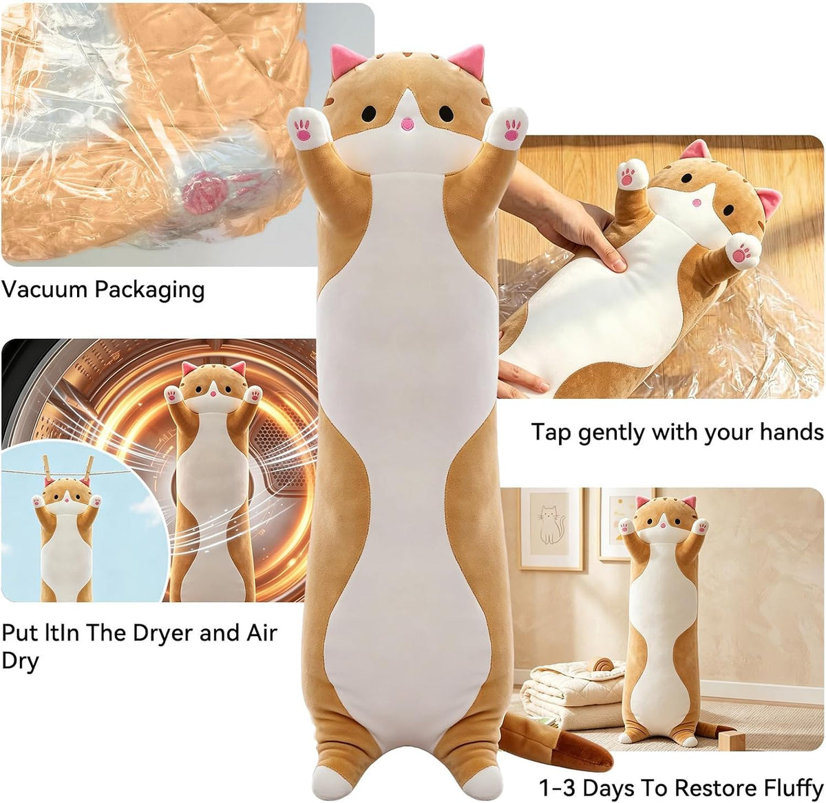 Cute Long Cat Plush Body Pillow, Soft Stuffed Animals 19.7 Inch – Fun for Kids & Family - Brown / 43.3 inches - image 4