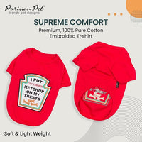 Parisian Pet Dog Shirt - Embroidered “I Put Ketchup on My Treats“ - 100% Cotton and Polyester Dog Clothes - Sleeved, Lightweight Costume for Dogs - Red Dog Shirts for Large Dogs - Pet Costumes - XL