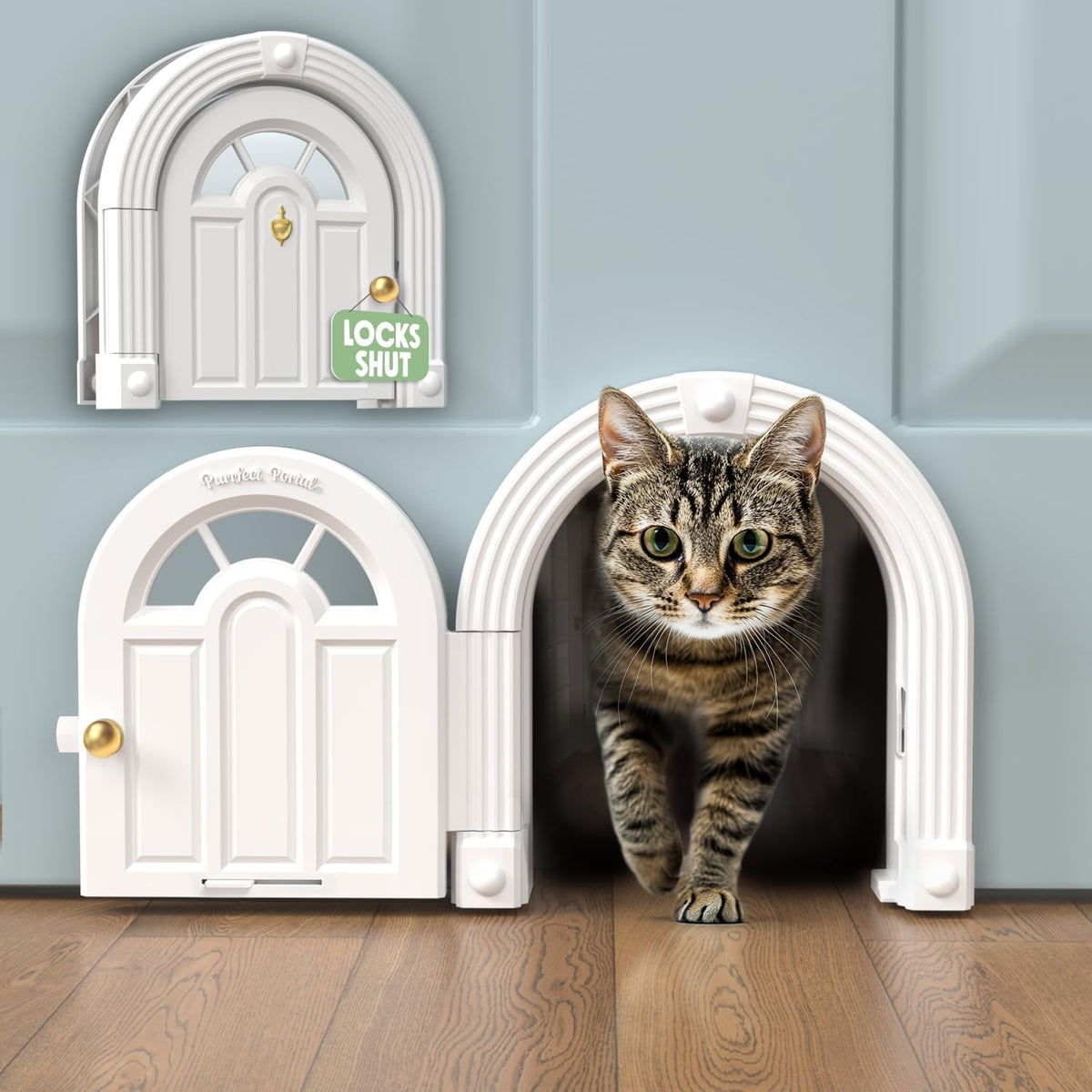 Purrfect Portal Meow Manor Cat Door Interior Door, No-Flap - White With Gold Accents