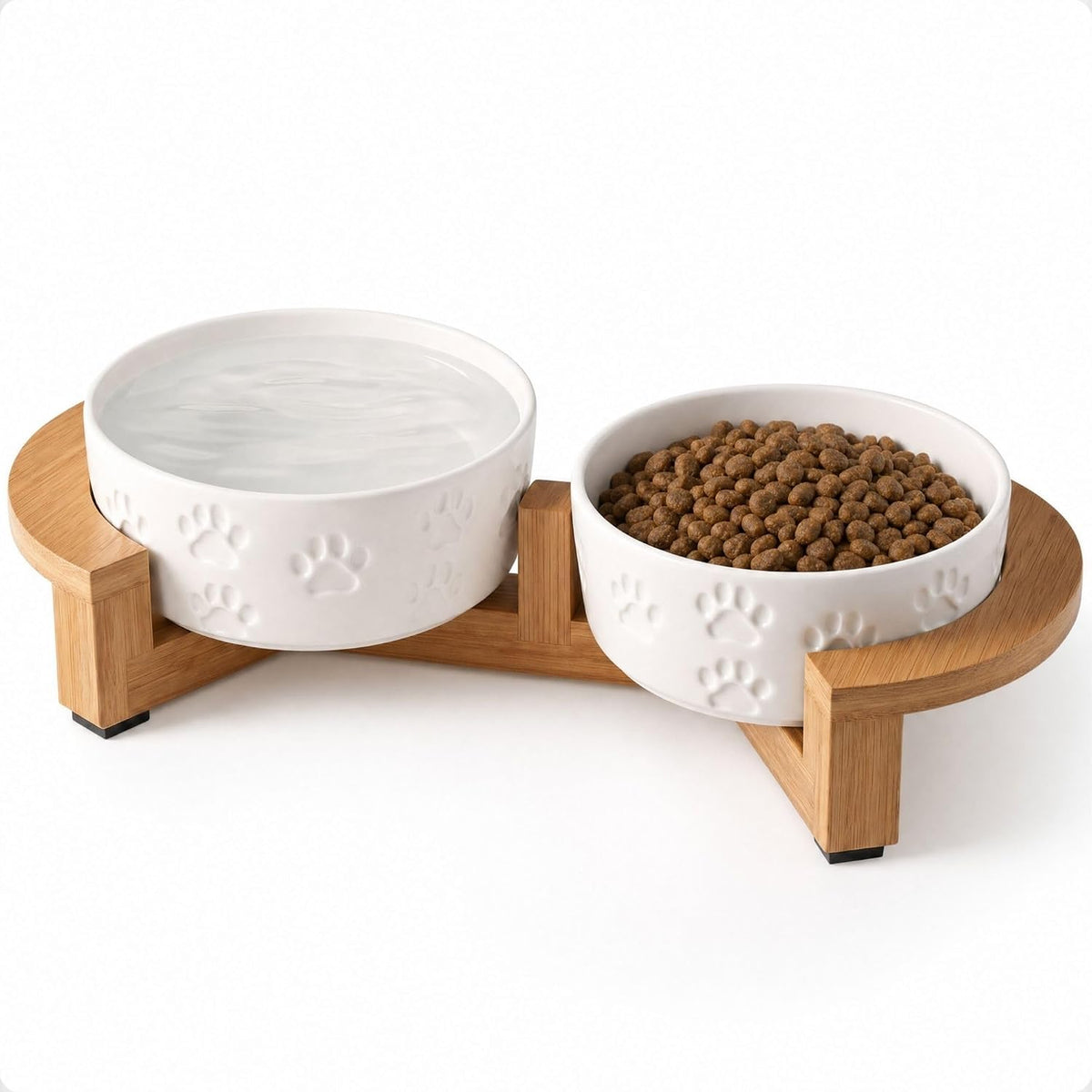 Ceramic Dog Bowl Set of 2 with Anti-Skid Base, 5.5"W x 2"H - Small / White with Stand