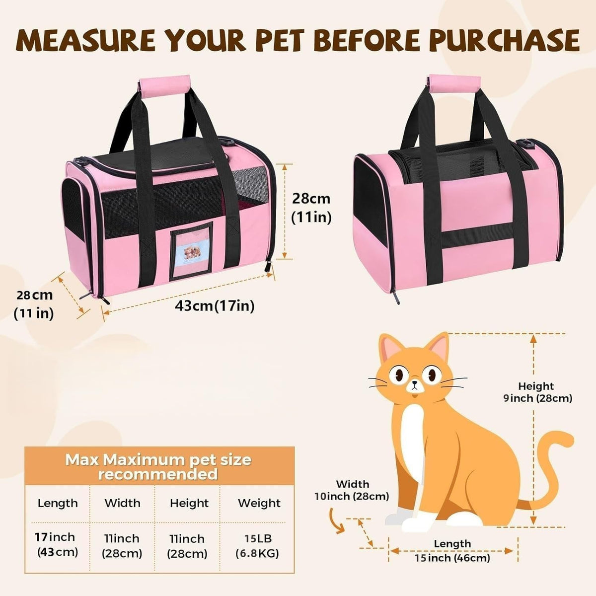 Soft Cat Carrier, Small Dog Bag Soft-Sided Cat Carriers - Pink / 17.0"L x 12.0"W x 11.0"H - image 3