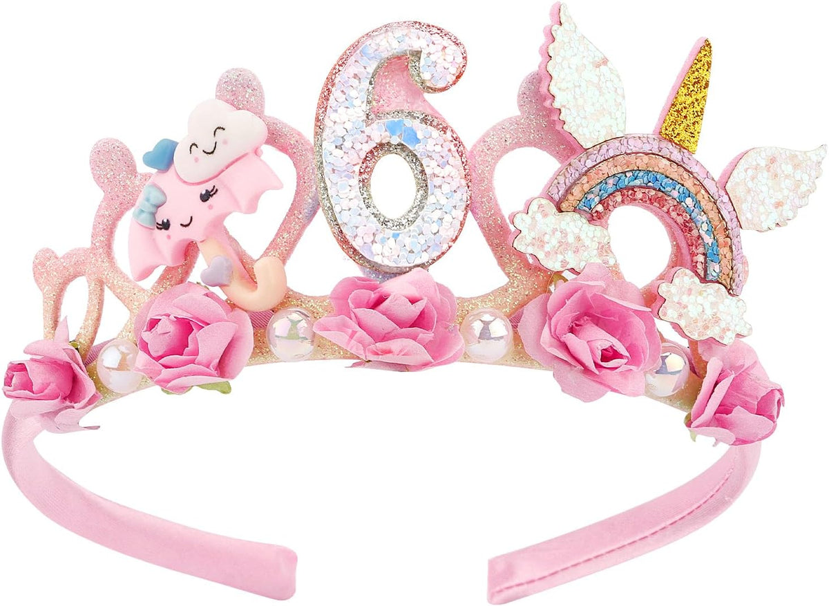 SuPoo 4th Birthday Headband Flower Crown for Girls Princess Tiara 4th - Pink-6th