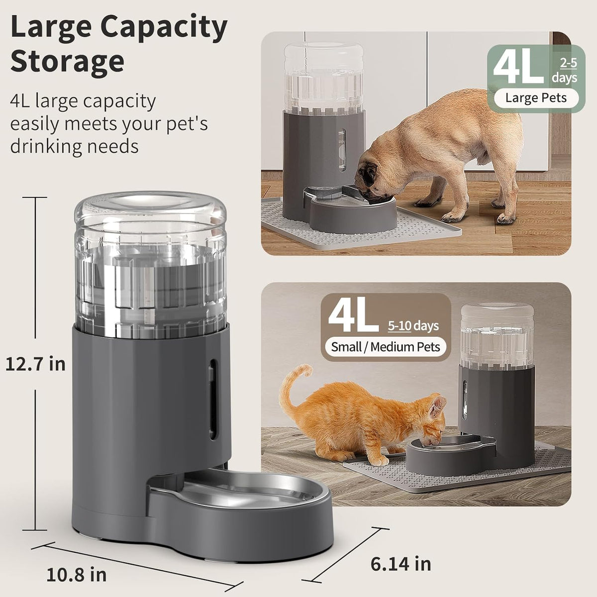 JUNSPOW Cat Water Dispenser and Stainless Steel Bowl – Essentials for Cats - Grey / 4L + Filter - image 3