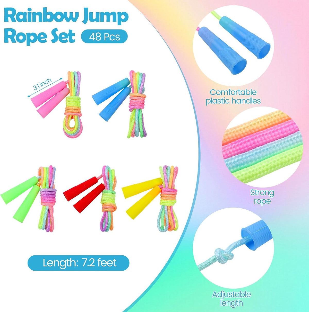Elcoho kids rainbow jump rope set, 10 adjustable 7.2 foot nylon ropes with plastic handles - view 4