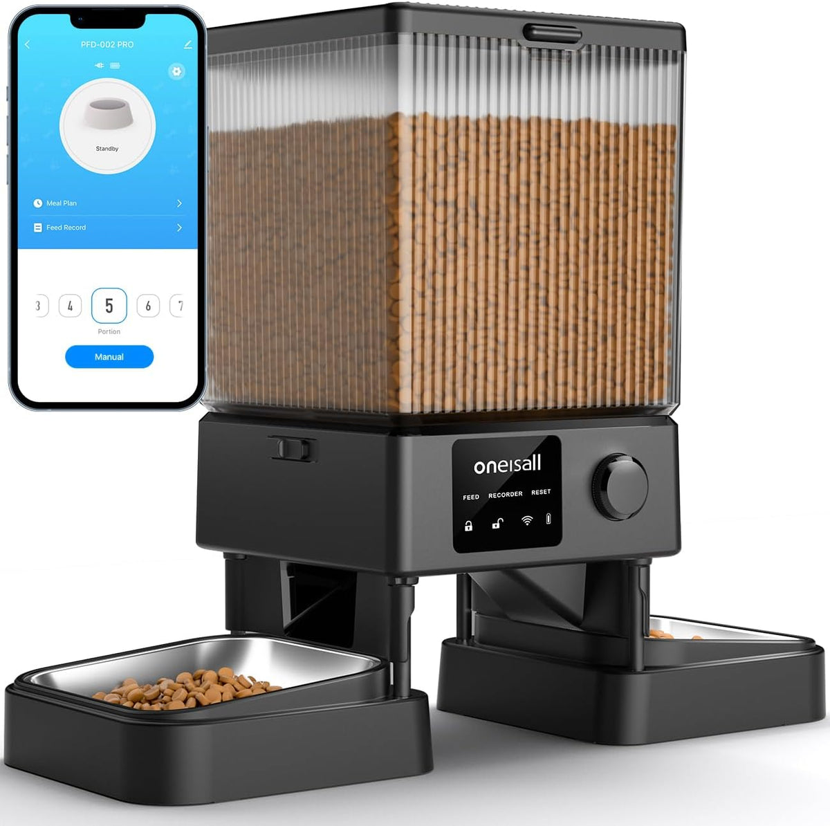 oneisall Automatic Cat Feeder for 2 Cats Pets - Black / Wi-Fi