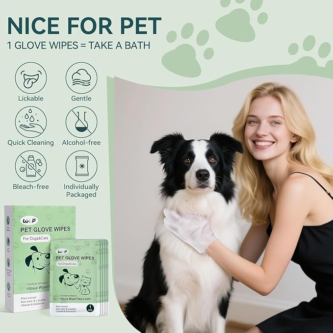 WLP Cleaning & Deodorizing Glove Bath Wipes for Dogs and Cats, Hypoallergenic Nourish Fur Aloe Extract Jojoba Oil Pet Grooming Wipes for Daily and Travel (24 PCS)
