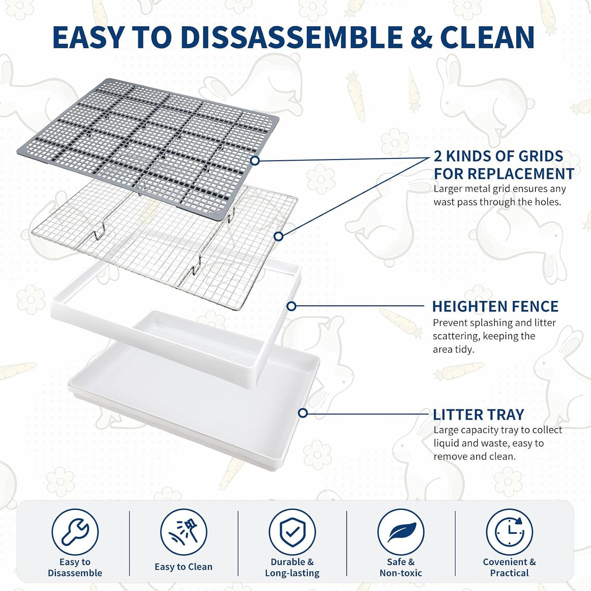 FHTONGE Extra Large Rabbit Litter Box Training Tray with Large Steel - 22x18x3"(58x46x9cm) / 0.6" Stee Grids + 0.4" PP Grids - image 3