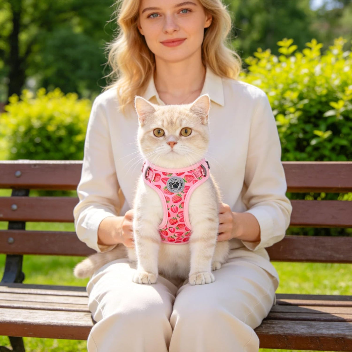 Cat Harness and Leash Set, Escape Proof and Adjustable - Strawberries Pink / M (Chest: 12 - 19") - image 4