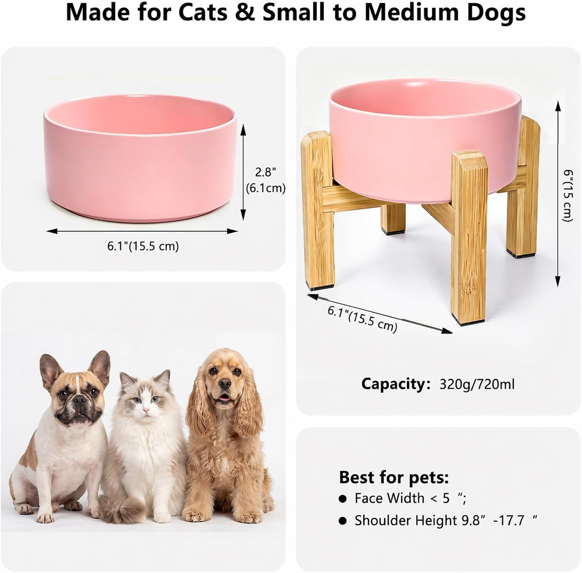 Elevated Cat Water Bowl, Ceramic Raised Cat Food Bowl with Adjustable Bamboo Stand, 5.1" Compact - Medium / Pink - image 2
