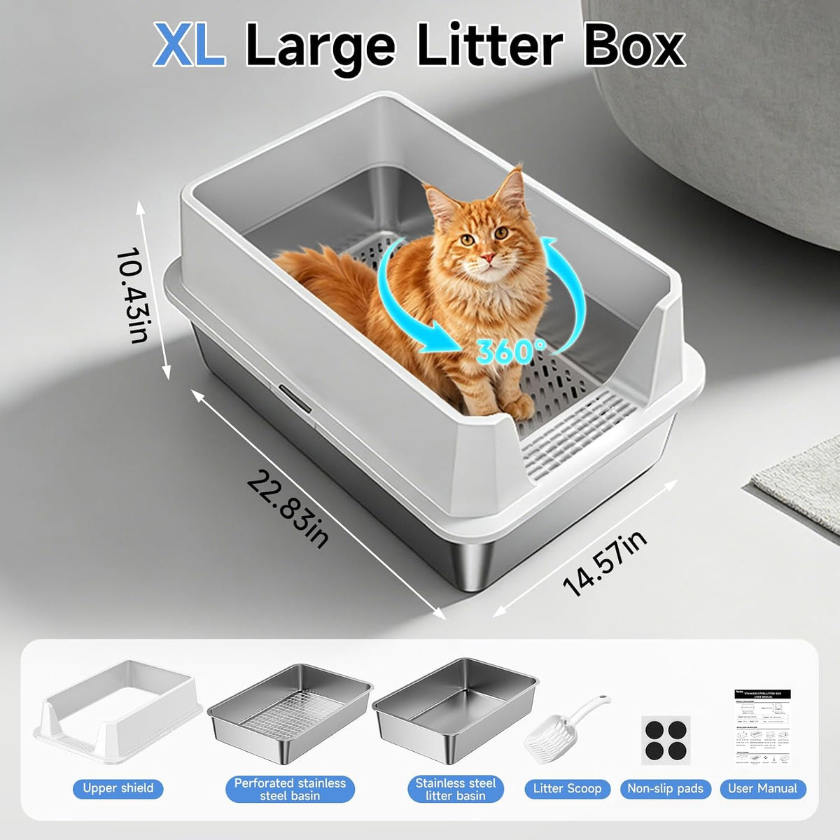 Stainless Steel Litter Box with Scoop, Small Metal Pan for Cats - Pale Gray - image 2
