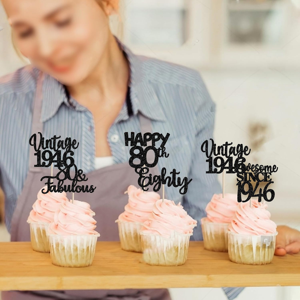 Rose gold glitter vintage 1946 cupcake toppers for an 80th birthday - view 28