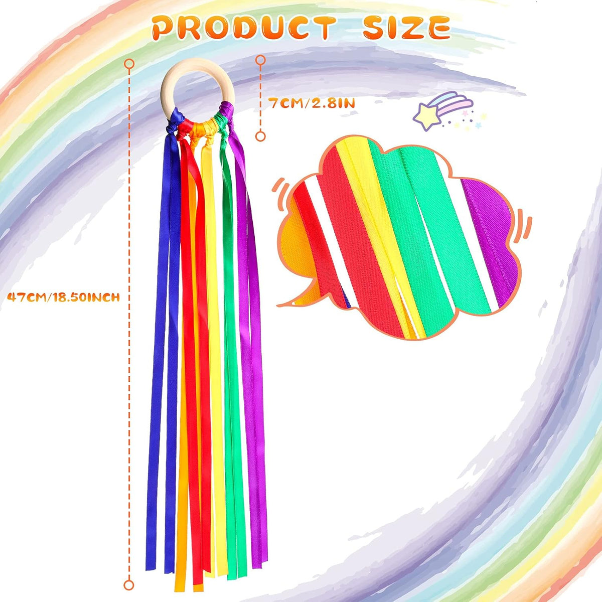 Deekin rainbow ribbon rings, wooden Waldorf hand kites with bright streamers - view 13