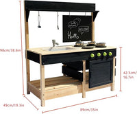Mud Kitchen Playset for, Outdoor Wooden Toy Play Kitchen Set for Boys and Girls, Kitchen Accessories and Garden Sink with Faucet, Blackboard, Cookware Pot (Black)