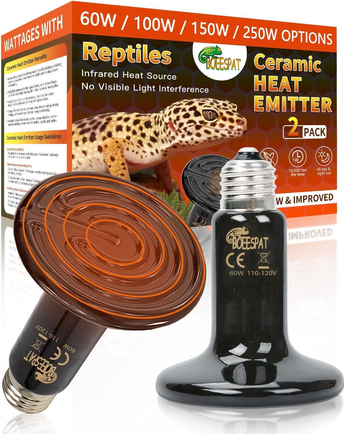 150W Reptile Heat Lamp, Pack of 2 Ceramic Heat Emitters for Reptile Geckos, Lizard, Iguana, Bearded - 60 Watts / 2pcs/Black