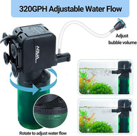 Oiibo 3-in-1 Adjustable Aquarium Filter for 40-150 Gallon, Internal Ceramic Balls&Bio-Sponges Power Water Filter with Air Tube, Silent Submersible Filter, 320GPH (Filter)