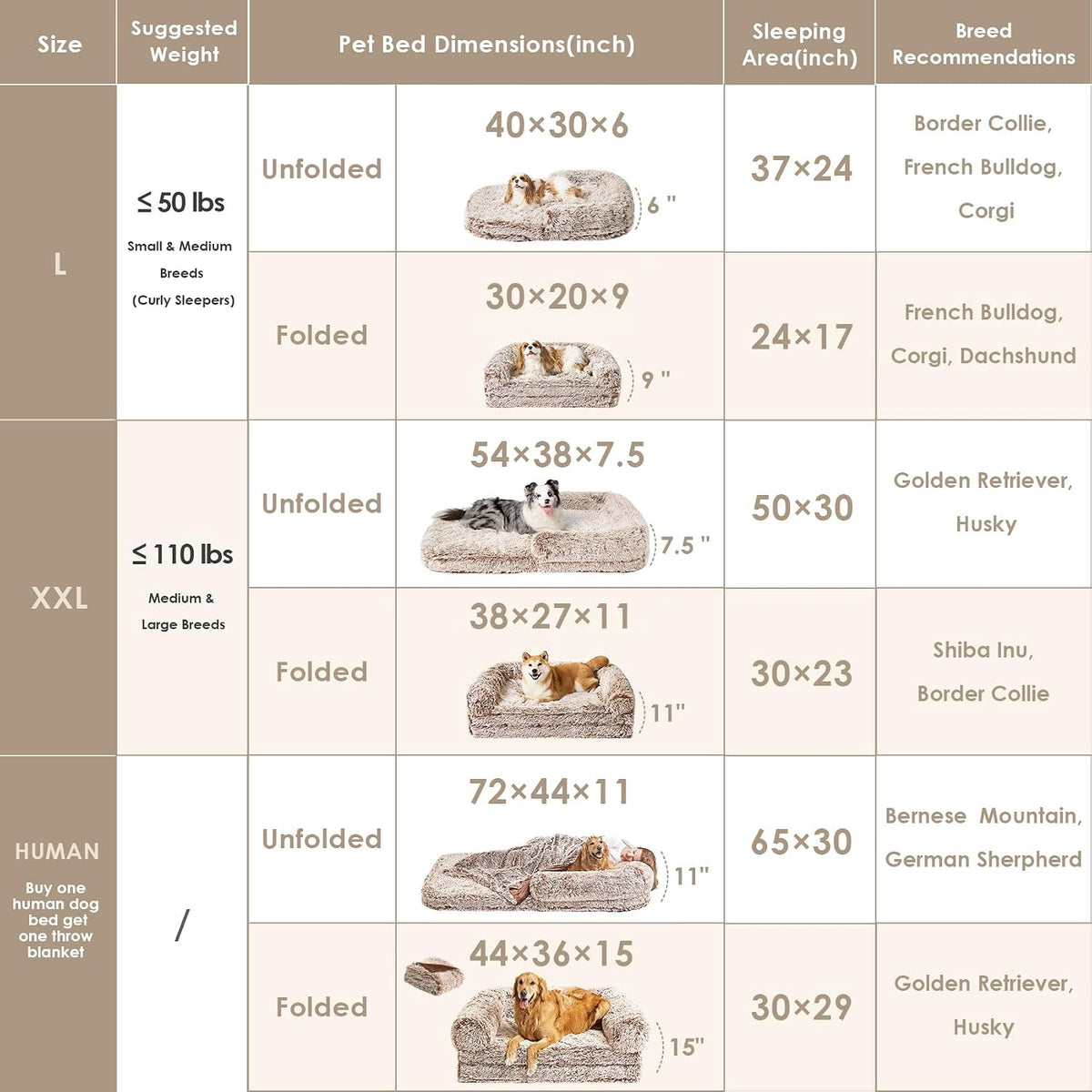 EHEYCIGA Orthopedic Foldable Human Dog Bed, 72x44x11 - 54x38x7.5(Folded 38x27) / Faded Brown - image 2