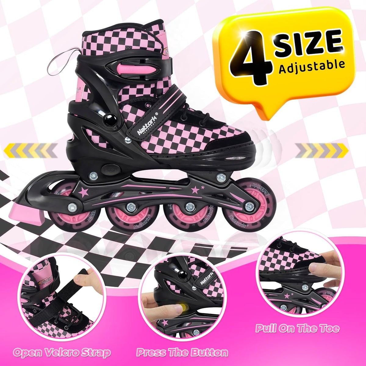 Nattork adjustable inline skates for kids with light-up wheels and checkerboard upper - view 34