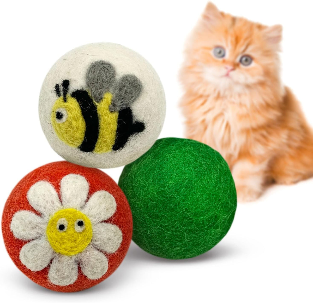 Love Ewe Wool Cat Toys Ball 3 Pack - 3 Count (Pack of 1) / Flower/Bee