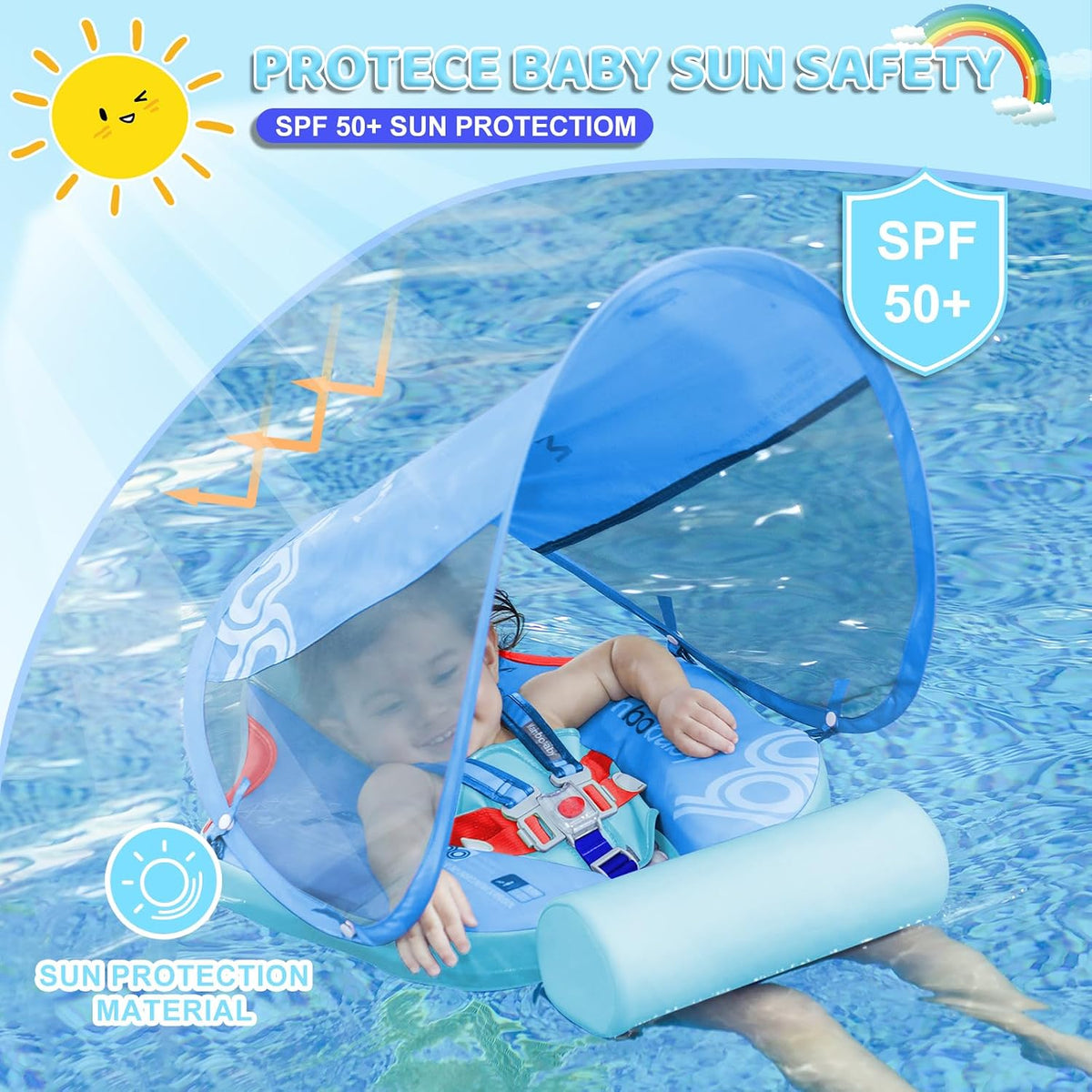 Mambobaby Baby Float with Canopy & Tail Non-Inflatable Baby Swim - BLUE - image 3