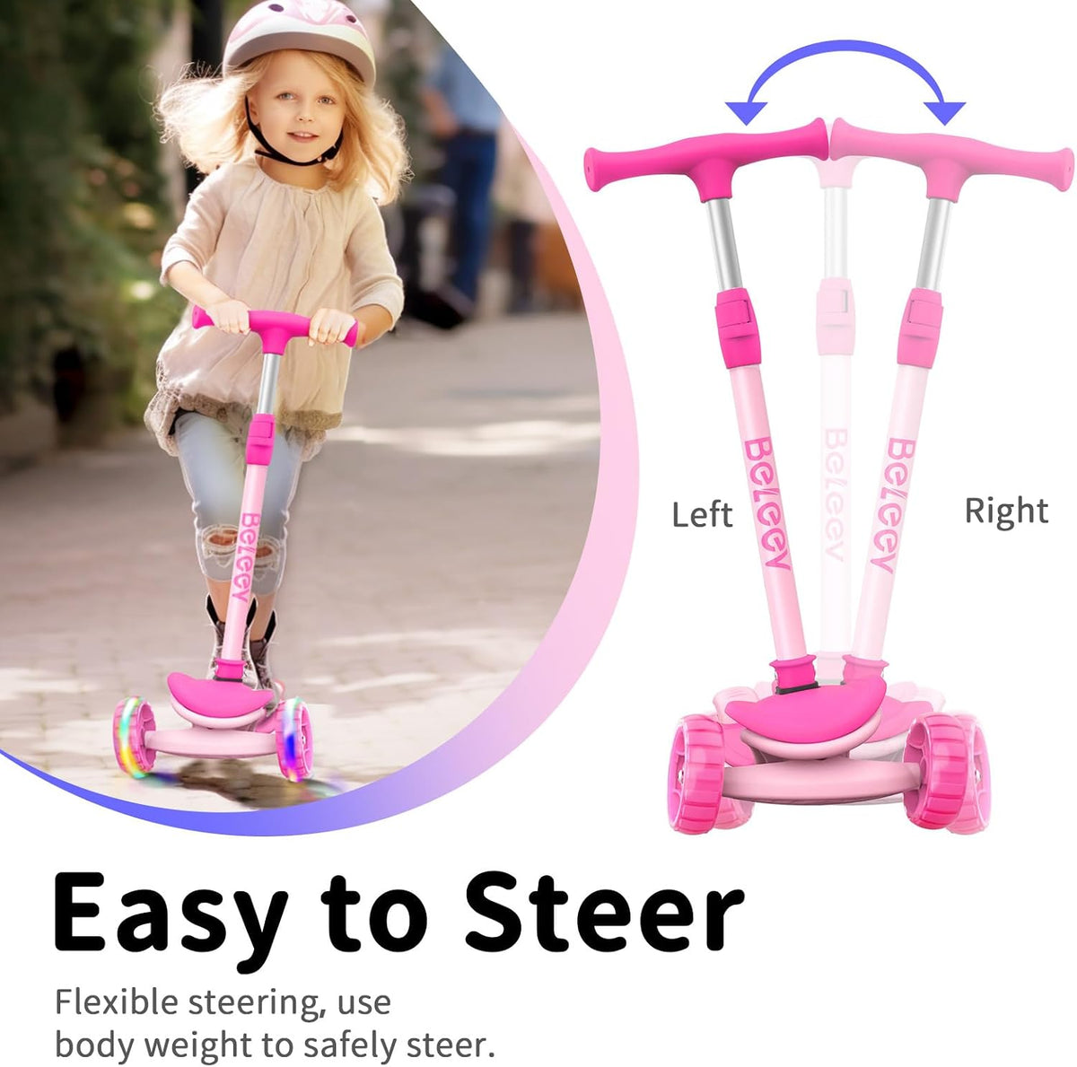 BELEEV A8 Scooter for Kids Ages 3-12 - Light Pink - image 4