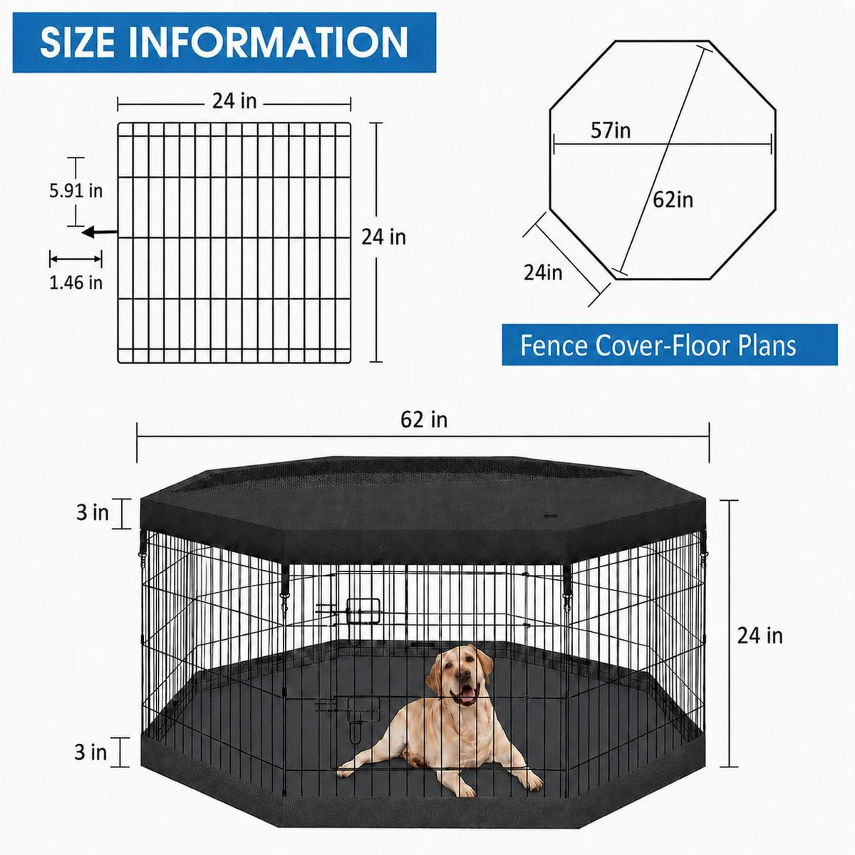 PEEKABOO Foldable Rustproof Dog Playpen with Door, 8 Panels 24"H – Essentials for Dogs - 8 Panels 24"H x 24"W Playpen+Bottom+Top Cover - image 3
